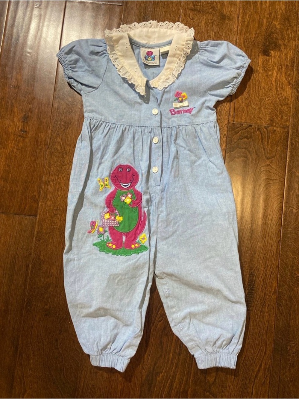 Vintage Barney Jumpsuit romper bubble SZ 18M blue multicolor 1992